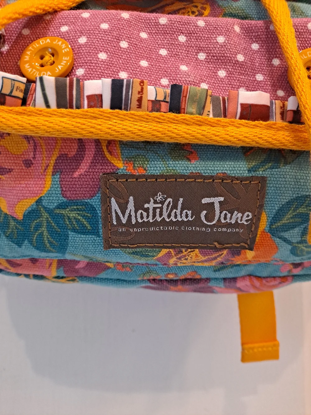 Matilda Jane Floral & Polka Dot Mini Backpack Pink Teal Yellow Book Ruffle Motif